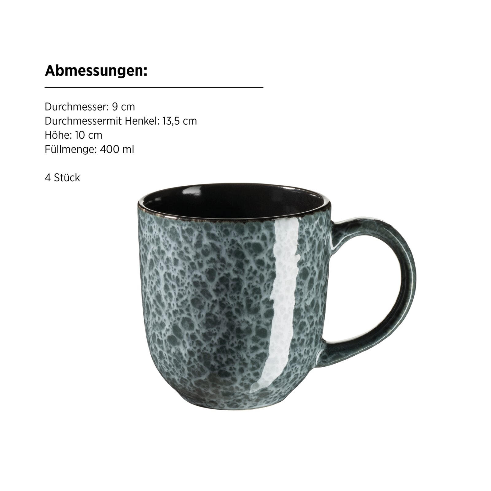 Graue, gesprenkelte Keramik-Kaffeetasse mit Henkel (400 ml), freigestellt auf weißem Hintergrund, Frontansicht leicht von rechts