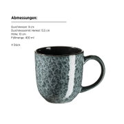 Graue, gesprenkelte Keramik-Kaffeetasse mit Henkel (400 ml), freigestellt auf weißem Hintergrund, Frontansicht leicht von rechts