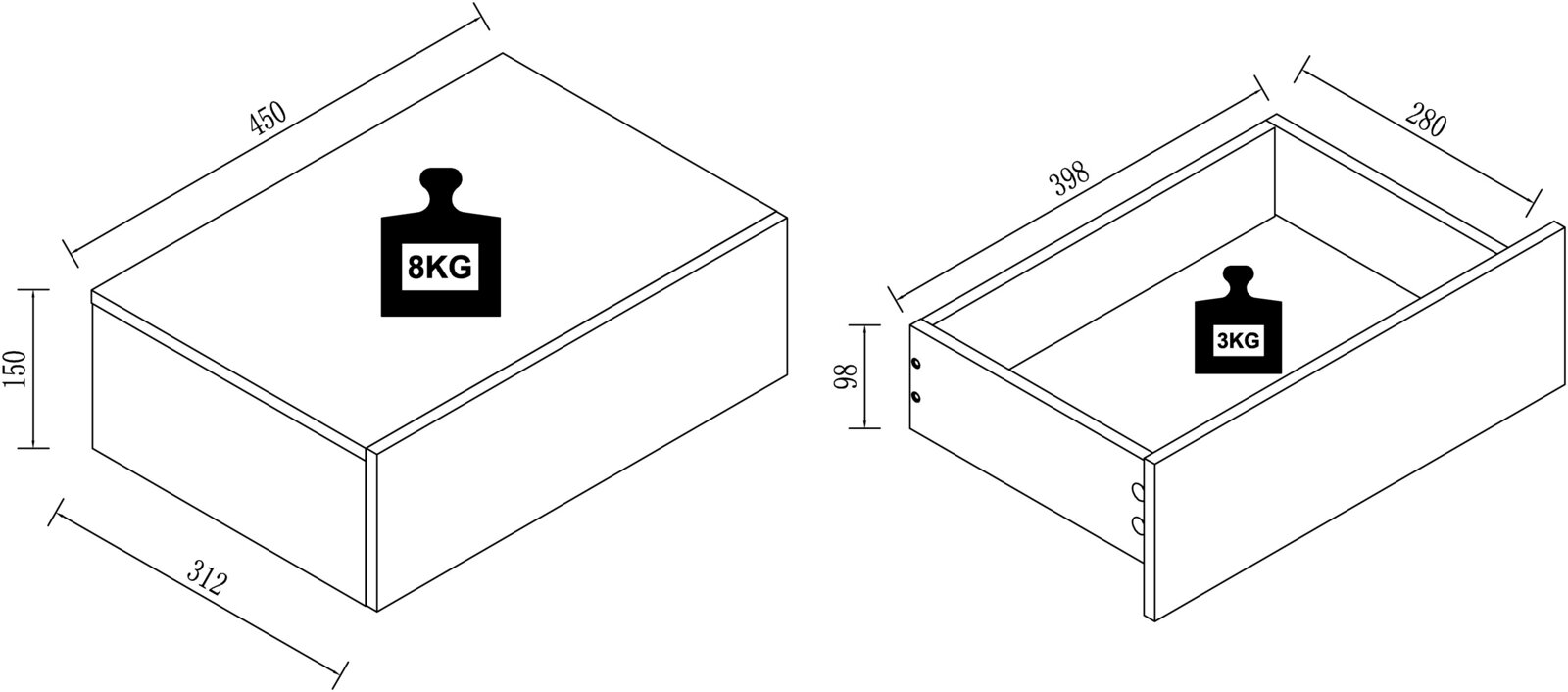 Technische Zeichnung einer rechteckigen Schublade/Box mit Maßangaben (außen ca. 450×312×150 mm, innen ca. 398×280×98 mm) und Traglastsymbolen 8 kg (Deck-/Oberseite) und 3 kg (innen), dargestellt in isometrischer Schrägansicht von oben.