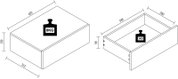 Technische Zeichnung einer rechteckigen Schublade/Box mit Maßangaben (außen ca. 450×312×150 mm, innen ca. 398×280×98 mm) und Traglastsymbolen 8 kg (Deck-/Oberseite) und 3 kg (innen), dargestellt in isometrischer Schrägansicht von oben.