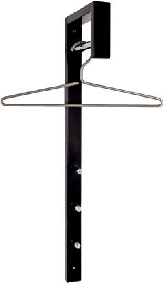 Zurbrüggen Wandgarderobe Schwarzer Metall-Kleiderbügelhalter mit ausklappbarem Kleiderbügel und drei Haken/Knöpfen, frontale Ansicht vor weißem Hintergrund.