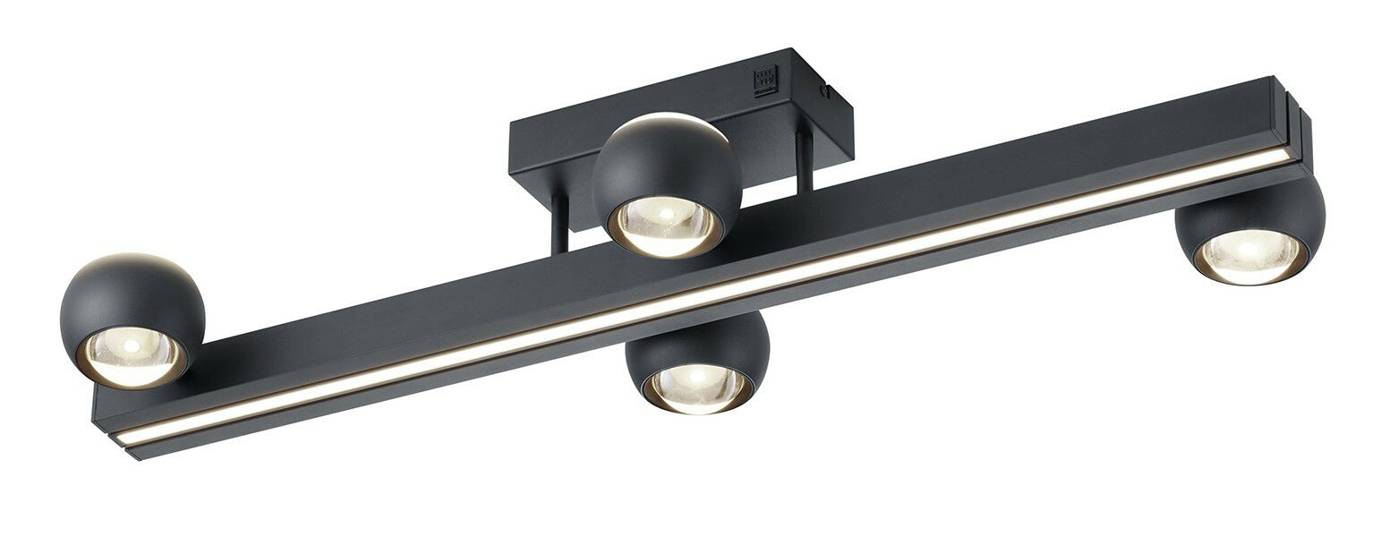 Moderne schwarze Deckenleuchte mit vier kugelförmigen Strahlern, seitliche Perspektive