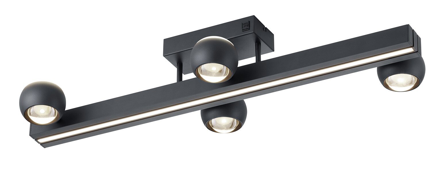 Moderne zwarte plafondlamp met vier bolvormige spotjes, zijaanzicht