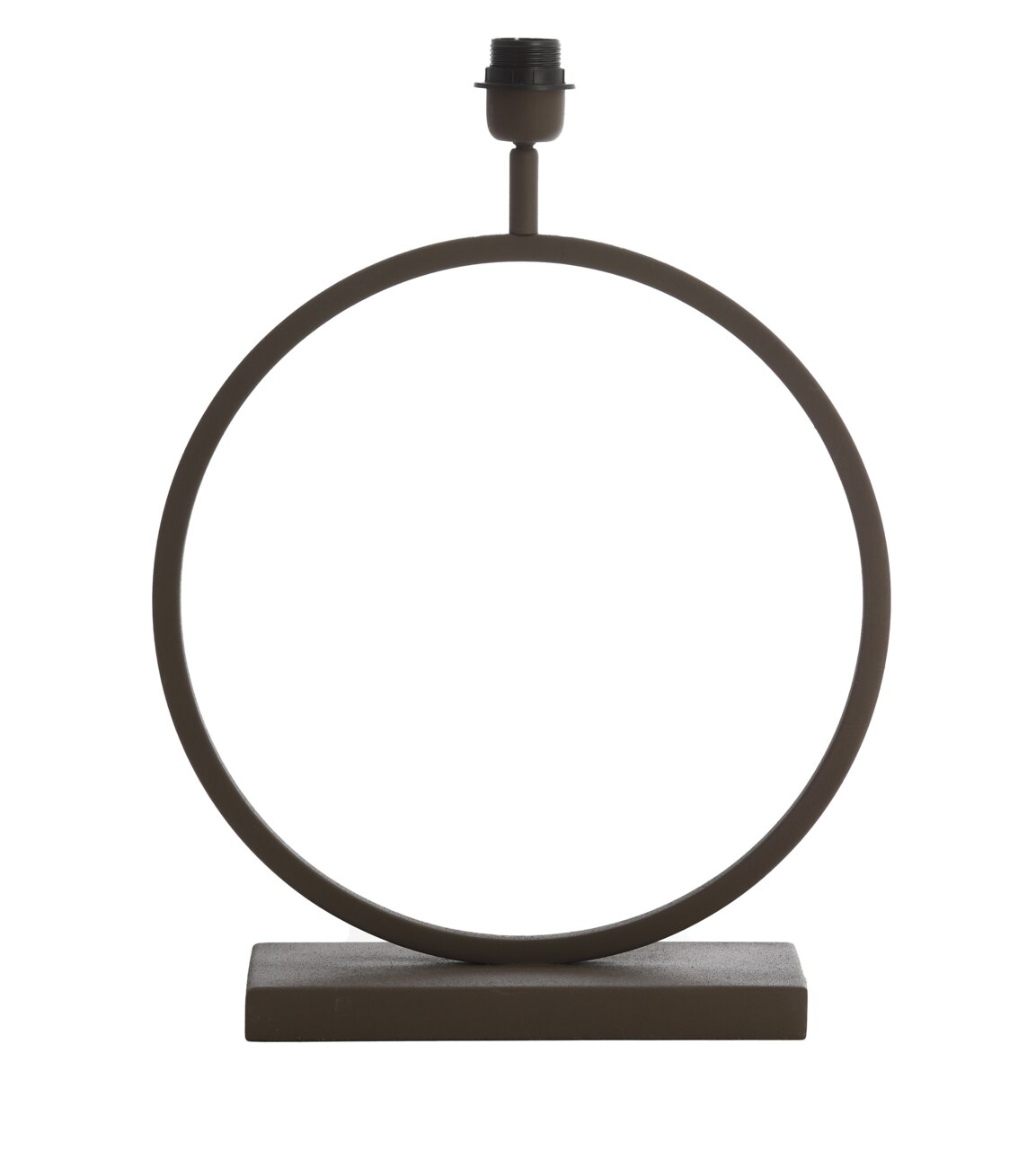 Moderne lampvoet in de vorm van een ring, gemaakt van metaal, van voren gefotografeerd.