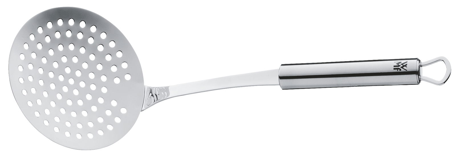 Edelstahl-Schaumlöffel in seitlicher Perspektive mit perforierter Schaufel und ergonomischem Griff.