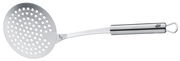 Edelstahl-Schaumlöffel in seitlicher Perspektive mit perforierter Schaufel und ergonomischem Griff.