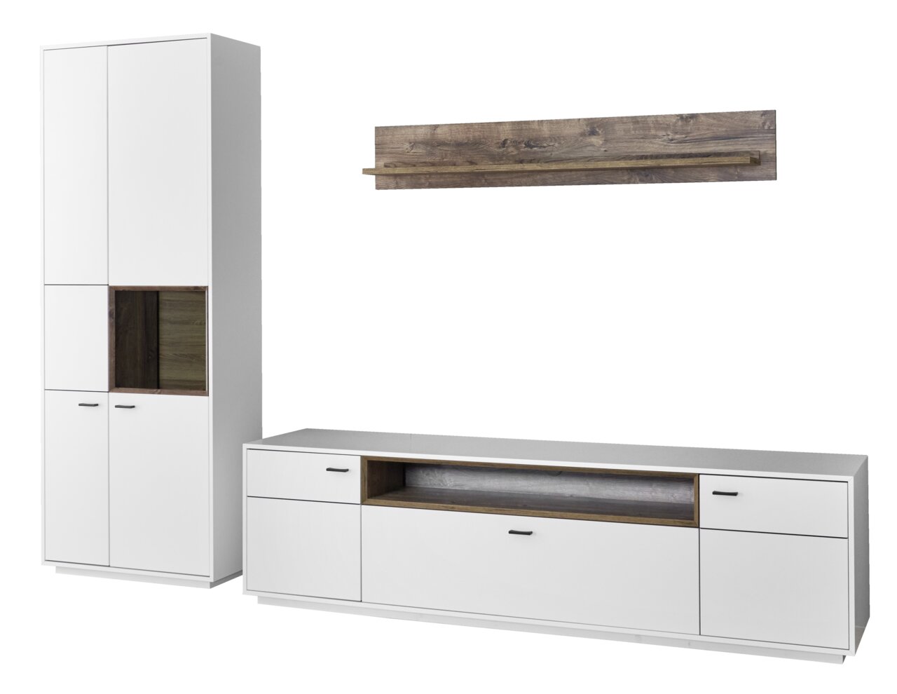 Zurbrüggen Wandcombinatie CORUNA Moderne Wandkombination in Weiß mit Holzdetails, bestehend aus einem hohen Schrank, einem niedrigen TV-Schrank und einem Wandregal. Frontalansicht.