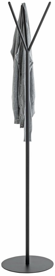 Moderner Garderobenständer aus Metall in schwarzer Farbe, frontal abgebildet, mit einem grauen Pullover aufgehängt.