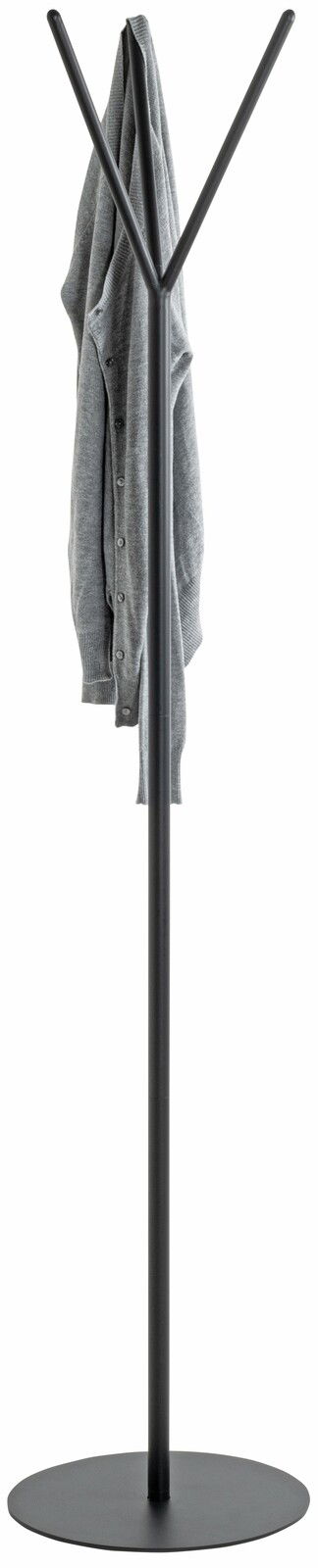 Moderner Garderobenständer aus Metall in schwarzer Farbe, frontal abgebildet, mit einem grauen Pullover aufgehängt.