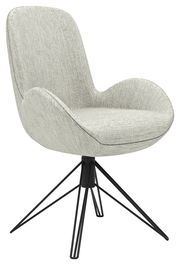 Moderner Armlehnstuhl mit hellgrauem Stoffbezug und schwarzem Metallgestell, seitliche Perspektive