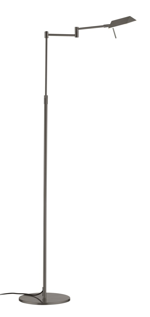 Moderne LED-Stehleuchte JOHANN in seitlicher Ansicht mit verstellbarem Arm und schlankem Design.