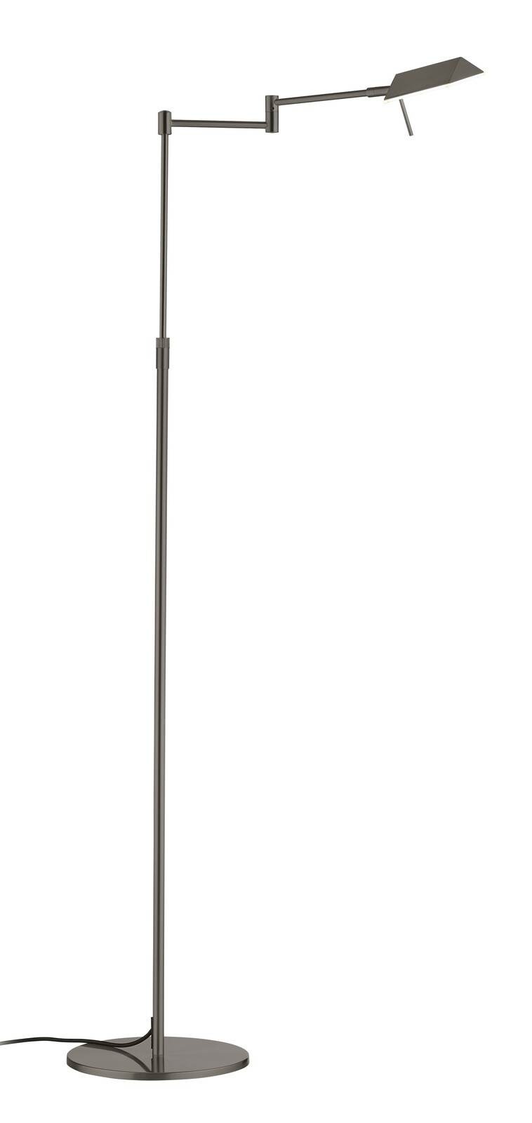 Moderne LED-Stehleuchte JOHANN in seitlicher Ansicht mit verstellbarem Arm und schlankem Design.
