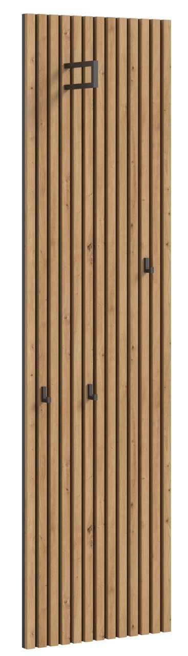 Garderobenpaneel aus Holz mit vertikalen Streifen und mehreren Haken, seitliche Perspektive