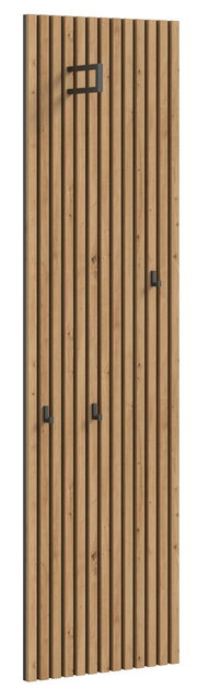 Garderobenpaneel aus Holz mit vertikalen Streifen und mehreren Haken, seitliche Perspektive