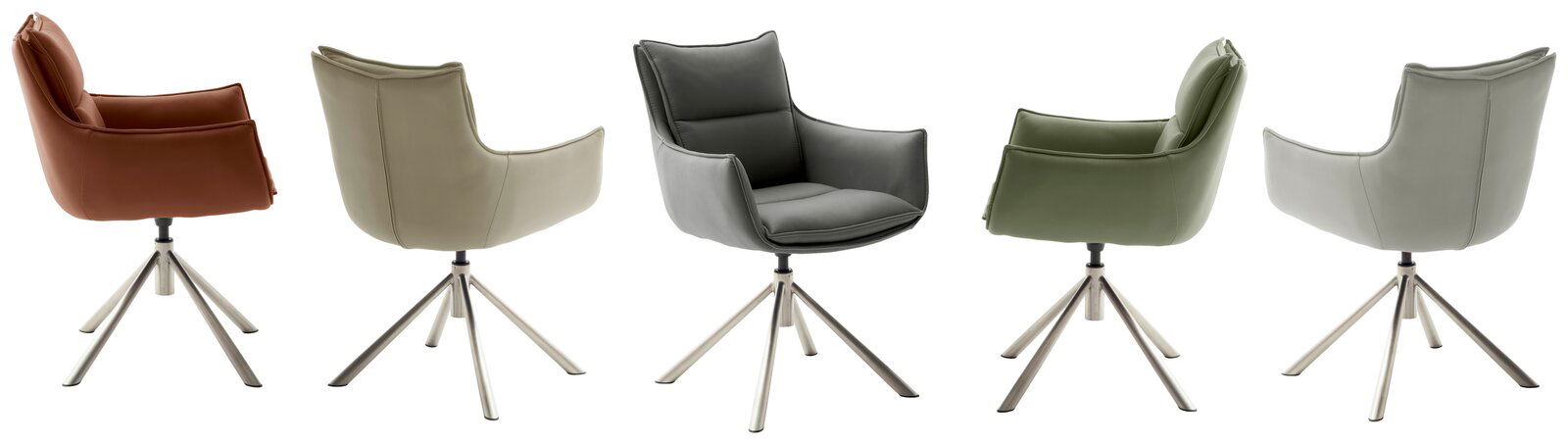 Fünf moderne Sessel in verschiedenen Farben, von schräg hinten fotografiert, mit Metallbeinen und gepolsterten Sitzen.