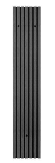 Frontale Ansicht einer schmalen Wandgarderobe mit vertikalen Holzlatten in dunklem Grau und schwarzen Akzenten.