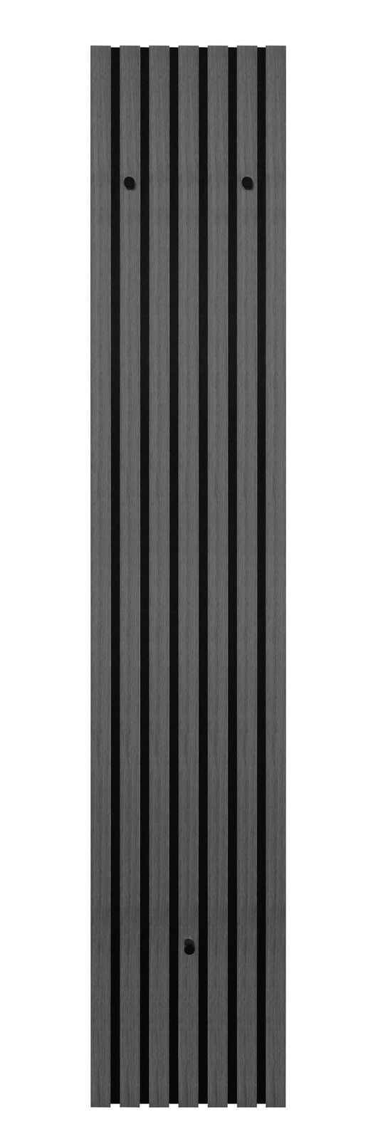 Frontale Ansicht einer schmalen Wandgarderobe mit vertikalen Holzlatten in dunklem Grau und schwarzen Akzenten.