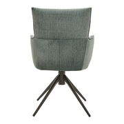 Rückansicht eines Armlehnstuhls mit grünem Stoffbezug und schwarzem Metallgestell.