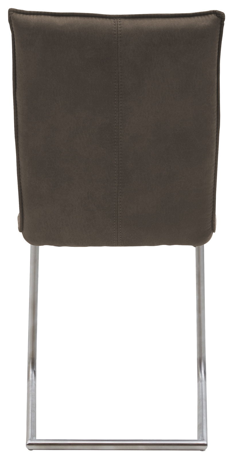 Rückansicht eines Freischwinger-Stuhls mit brauner Polsterung und Metallgestell.