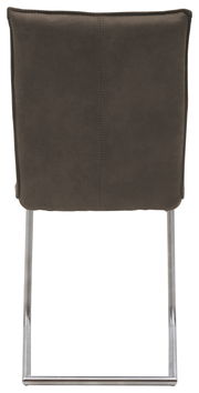 Rückansicht eines Freischwinger-Stuhls mit brauner Polsterung und Metallgestell.