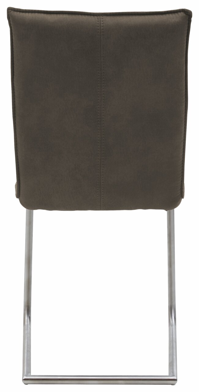 Rückansicht eines Freischwinger-Stuhls mit brauner Polsterung und Metallgestell.