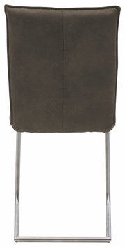 Rückansicht eines Freischwinger-Stuhls mit brauner Polsterung und Metallgestell.