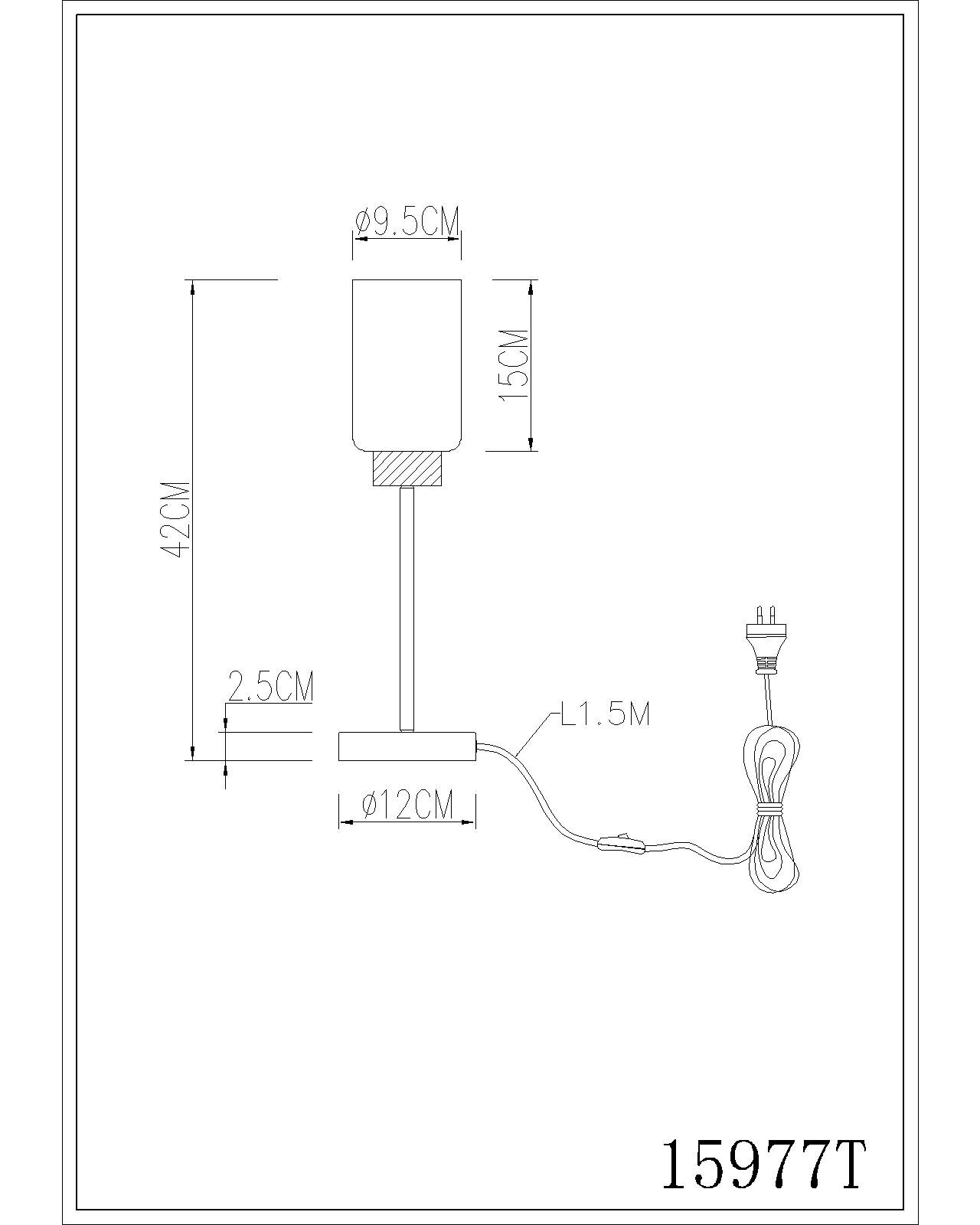 Technische Seitenansicht einer Tischleuchte mit zylindrischem Schirm (Ø 9,5 cm, Höhe 15 cm), Gesamthöhe 42 cm, rundem Sockel (Ø 12 cm, Höhe 2,5 cm) und 1,5 m Kabel mit Stecker