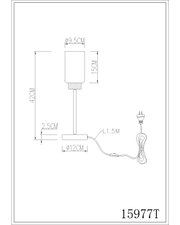Technische Seitenansicht einer Tischleuchte mit zylindrischem Schirm (Ø 9,5 cm, Höhe 15 cm), Gesamthöhe 42 cm, rundem Sockel (Ø 12 cm, Höhe 2,5 cm) und 1,5 m Kabel mit Stecker