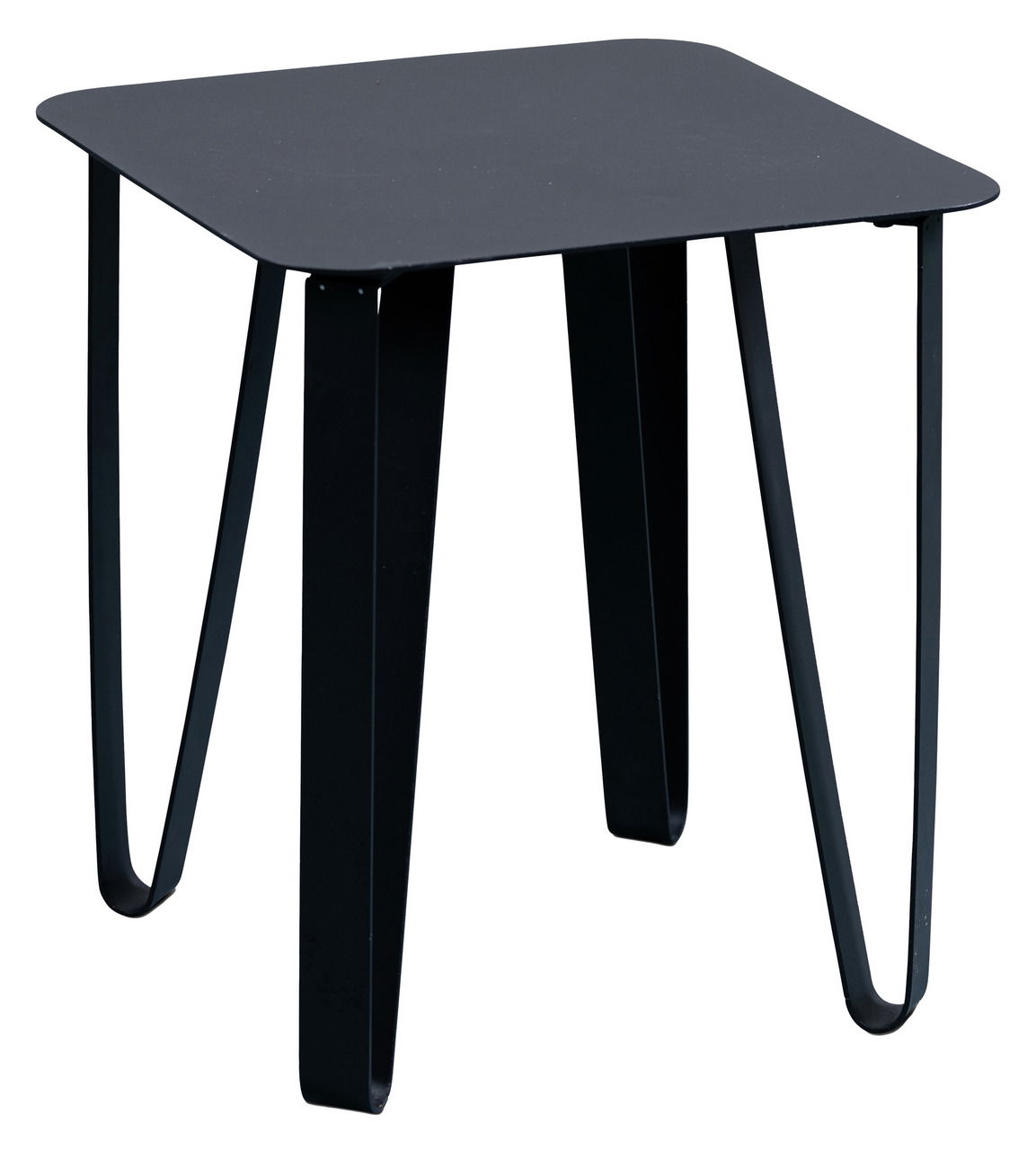 Moderner schwarzer Beistelltisch mit Metallbeinen, seitliche Perspektive