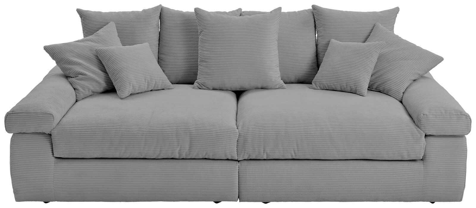 Großes, graues Big-Sofa mit mehreren Kissen, Vorderansicht