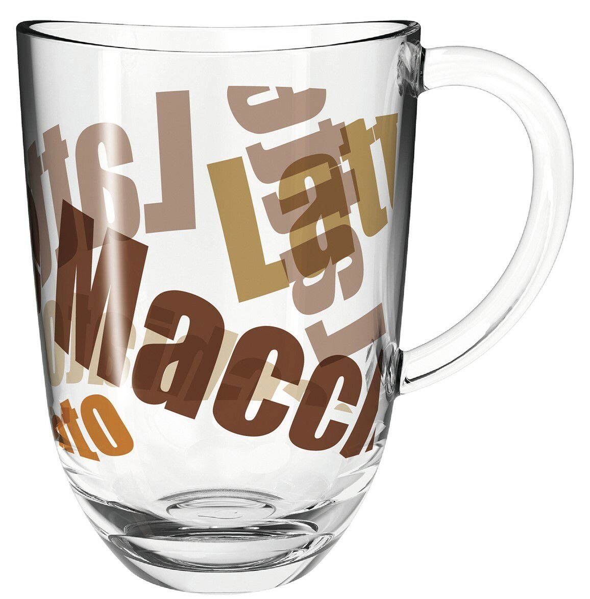Transparente Tasse mit bunten Schriftzügen in Braun- und Beigetönen, seitliche Perspektive