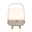 Frontansicht einer tragbaren Lampe mit Holzfüßen und einem Griff, die in einem modernen Design gehalten ist. Die Lampe hat eine sandfarbene Basis und ein leuchtendes Oberteil mit JBL-Logo.