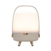 Frontansicht einer tragbaren Lampe mit Holzfüßen und einem Griff, die in einem modernen Design gehalten ist. Die Lampe hat eine sandfarbene Basis und ein leuchtendes Oberteil mit JBL-Logo.