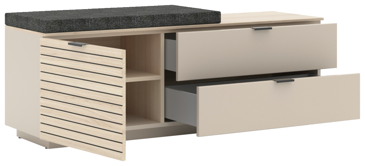 Bank mit gepolstertem Sitz, zwei offenen Schubladen und einer offenen Tür, seitliche Perspektive