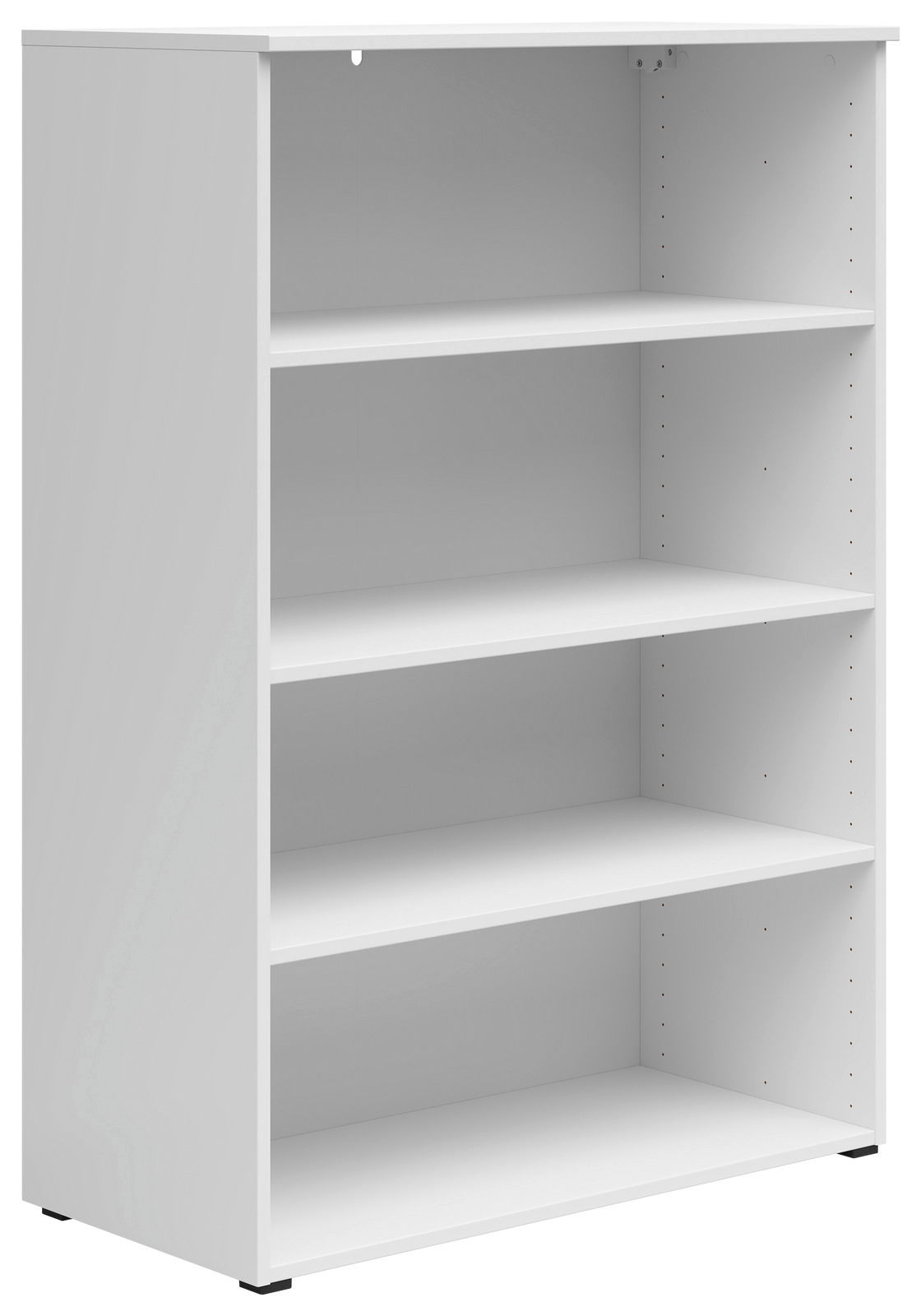 Weißes Regal mit vier Einlegeböden, seitliche Perspektive