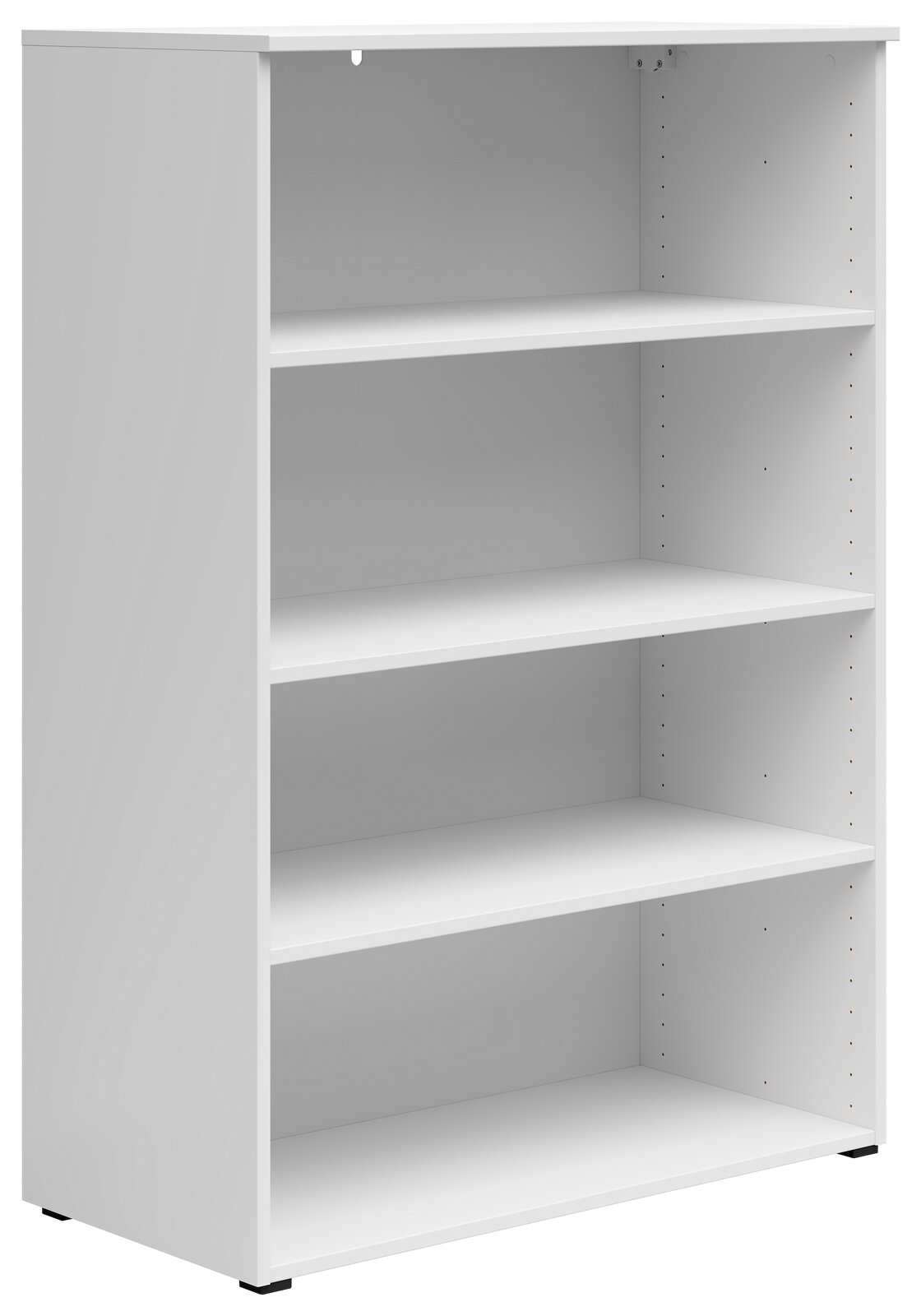 Weißes Regal mit vier Einlegeböden, seitliche Perspektive