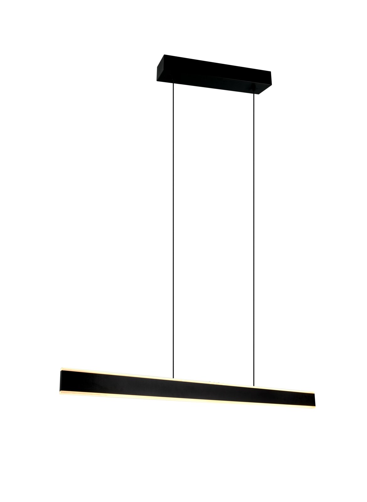 Schwarze, minimalistische LED-Pendelleuchte mit langem, rechteckigem Lichtbalken und zwei Aufhängeseilen, freigestellt auf weißem Hintergrund, Frontansicht.