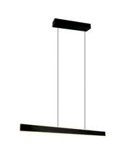 Schwarze, minimalistische LED-Pendelleuchte mit langem, rechteckigem Lichtbalken und zwei Aufhängeseilen, freigestellt auf weißem Hintergrund, Frontansicht.