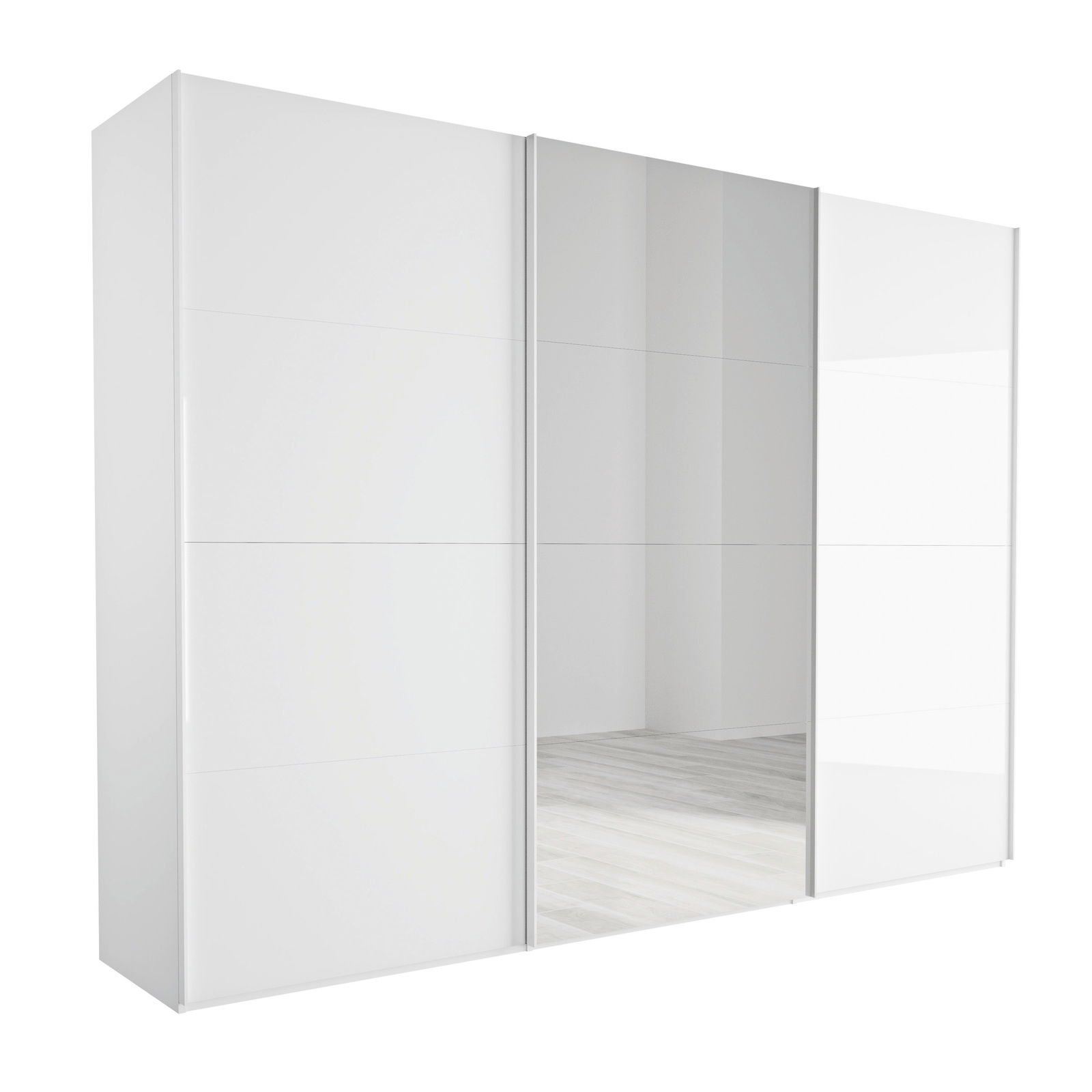 Moderner weißer Schwebetürenschrank mit Spiegel in Frontalansicht