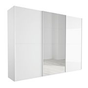 Moderner weißer Schwebetürenschrank mit Spiegel in Frontalansicht