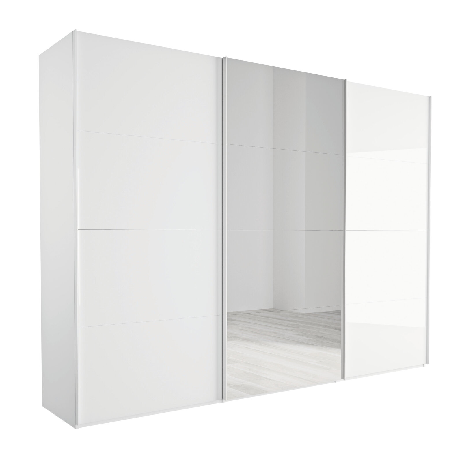 Moderner weißer Schwebetürenschrank mit Spiegel in Frontalansicht