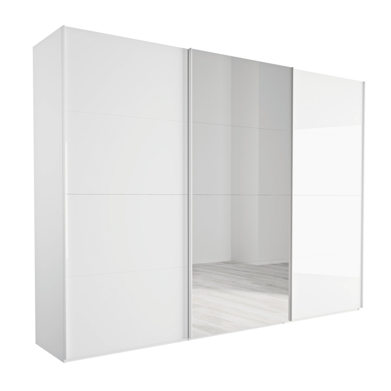 Moderner weißer Schwebetürenschrank mit Spiegel in Frontalansicht