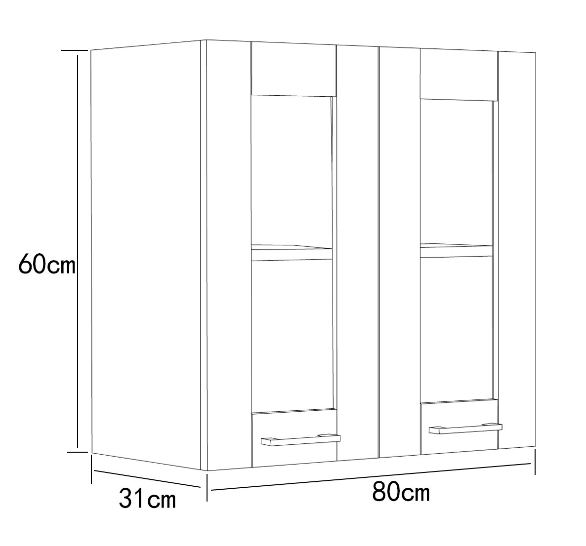 Technische Strichzeichnung eines rechteckigen Wand-Badezimmerschranks mit zwei Türen und Griffen, Maße 80 cm Breite, 60 cm Höhe und 31 cm Tiefe, perspektivische Ansicht schräg von vorne.