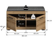 Sitzbank mit Sitzkissen, Holzoptik, zwei offene Türen, Maße: 90 cm Breite, 44 cm Höhe, 40 cm Tiefe, Frontansicht