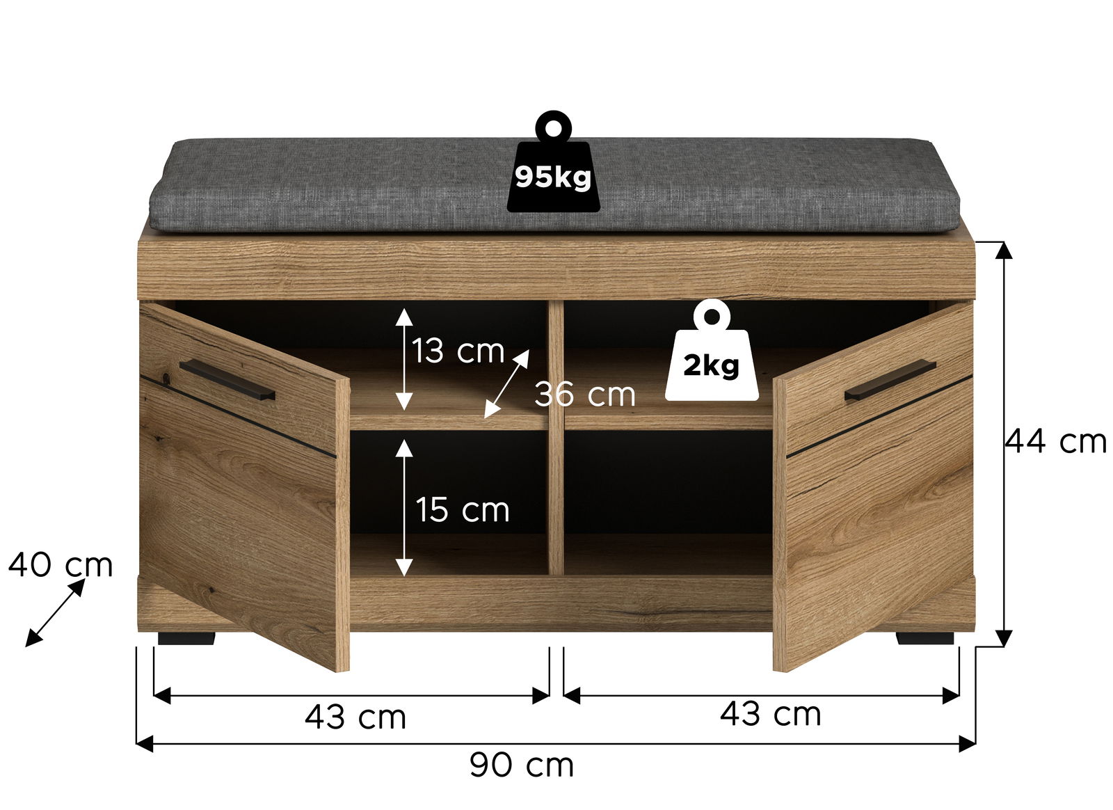 Sitzbank mit Sitzkissen, Holzoptik, zwei offene Türen, Maße: 90 cm Breite, 44 cm Höhe, 40 cm Tiefe, Frontansicht