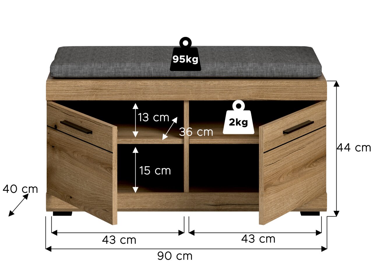 Sitzbank mit Sitzkissen, Holzoptik, zwei offene Türen, Maße: 90 cm Breite, 44 cm Höhe, 40 cm Tiefe, Frontansicht