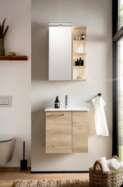 Moderner Spiegelschrank mit Holzregalen in einem stilvollen Badezimmer, Frontalansicht