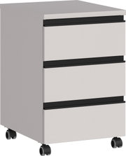 Rollcontainer mit drei Schubladen und Rollen, seitliche Perspektive