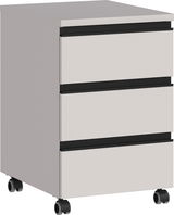 Rollcontainer mit drei Schubladen und Rollen, seitliche Perspektive