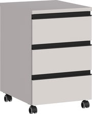 Rollcontainer mit drei Schubladen und Rollen, seitliche Perspektive